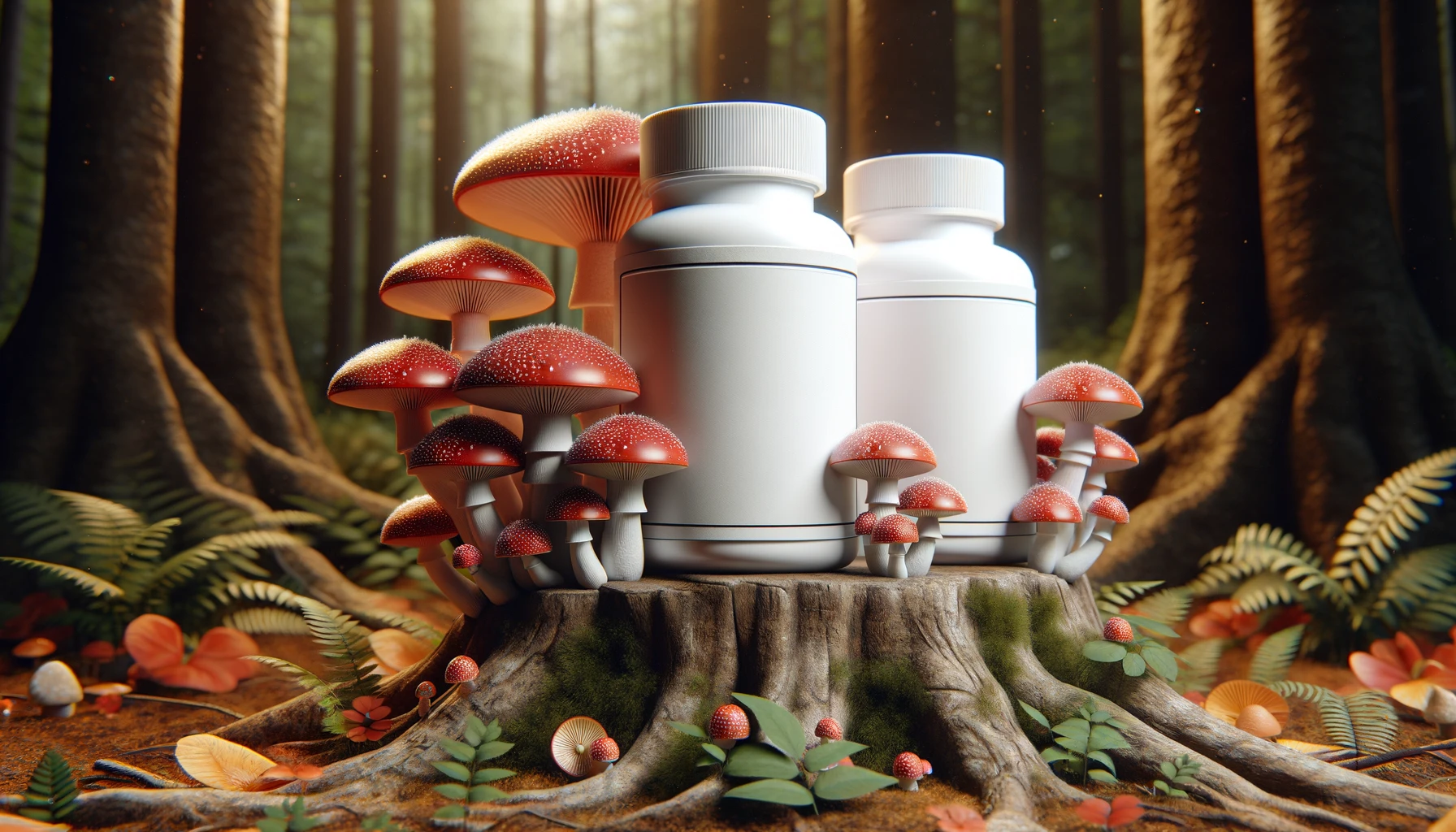 showcasing-two-amanita mushroom-bottles-standing-on-top-of-wild-looking-mushrooms.-