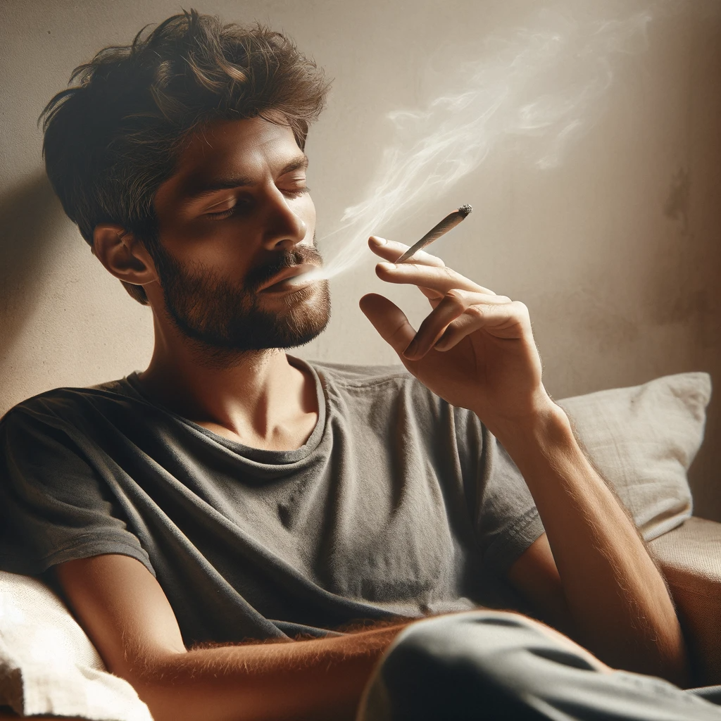 thca mage-of-an-adult-person-in-a-relaxed-casual-pose-smoking-a-joint.-The-individual-should-be-depicted-in-a-peaceful-and-contemplative-mood