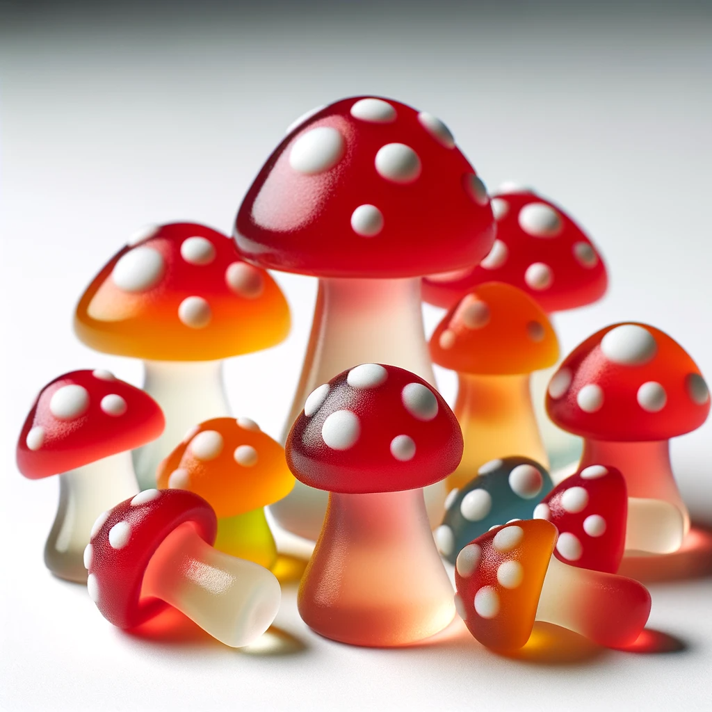 A-close-up-view-of-amanita-mushroom-gummies.-These-gummies-are-designed-to-look-like-small-colorful-amanita-mushrooms-with-the-iconic-red-cap