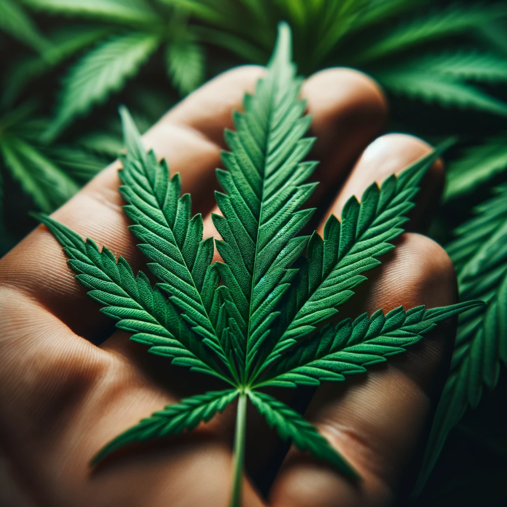 A-close-up-image-of-a-marijuana-leaf-focusing-on-the-intricate-details-and-patterns-of-its-green-surface.-The-leaf-should-have-a-vibrant-green-color cover photo