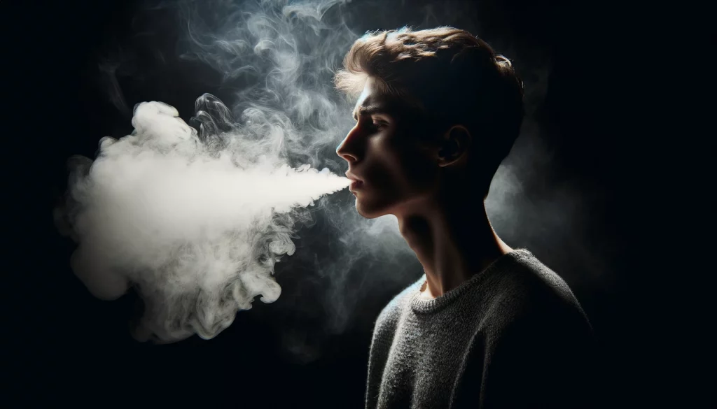 a-person-standing-against-a-dark-background.-The-person-is-in-side-profile-and-they-are-exhaling-a-large-dense-cloud-of-smoke