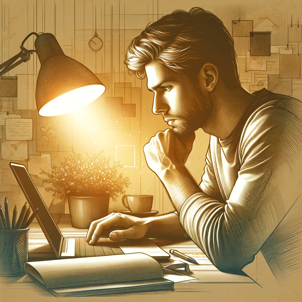 person-sitting-at-a-desk-looking-intently-at-his-laptop-screen looking at where to get thca flower