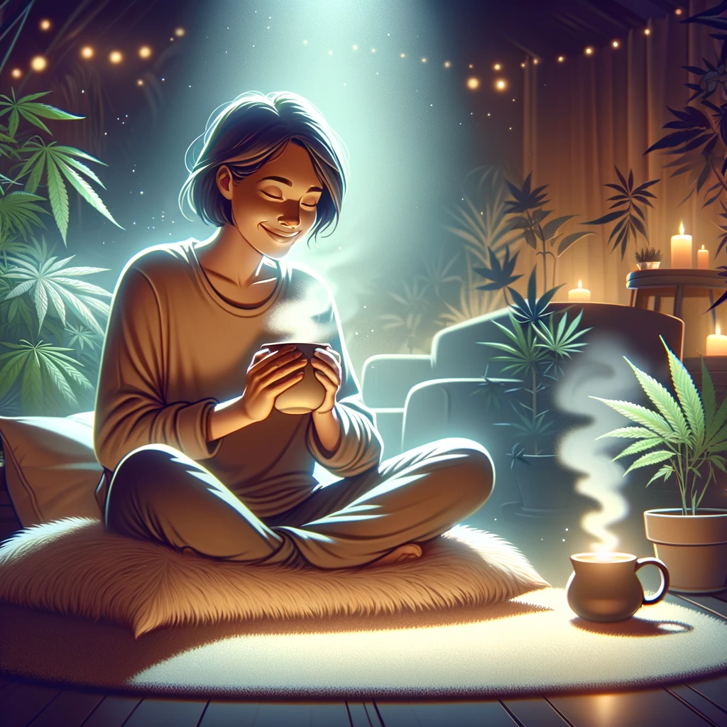 a-serene-and-joyful-adult-sitting-cross-legged-on-a-fluffy-comfortable-cushion-in-a-cozy-dimly-lit-room while experiencing THCa flower high