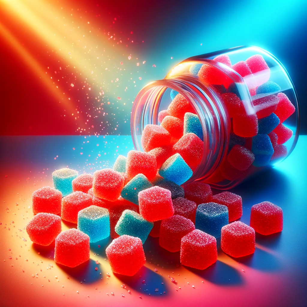 a-clear-jar-tipped-over-with-delta 9 live rosin gummies-spilling-out-onto-a-surface