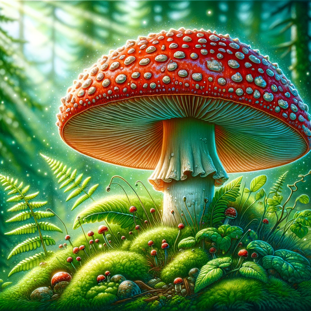 A-detailed-illustration-of-an-Amanita-mushroom-showcasing-its-iconic-red-cap-with-white-spots