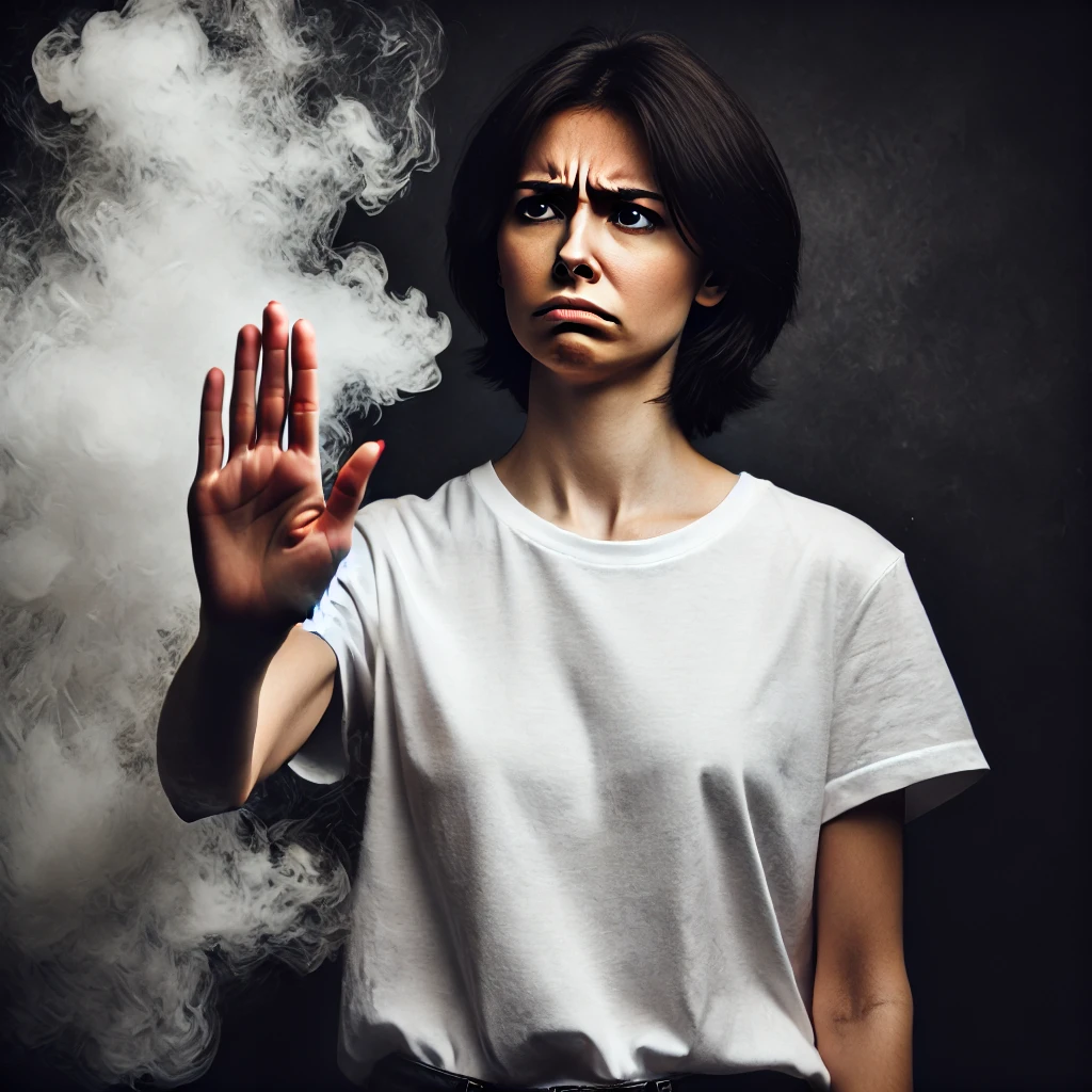 A-woman-with-short-dark-hair-wearing-a-white-t-shirt-stands-against-a-black-background