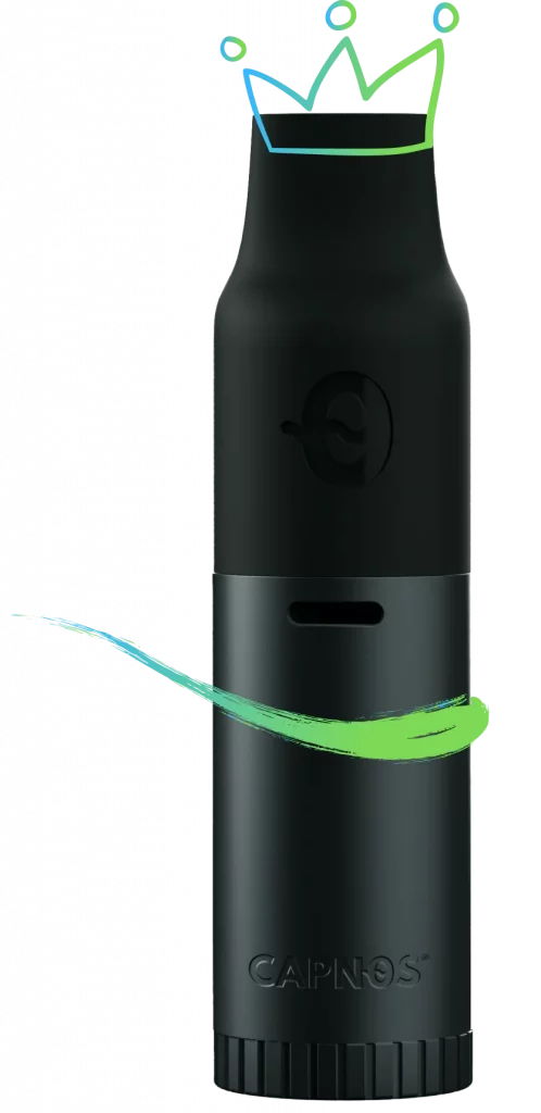 A Capnos product shown with a green line encircling it and a crown above.