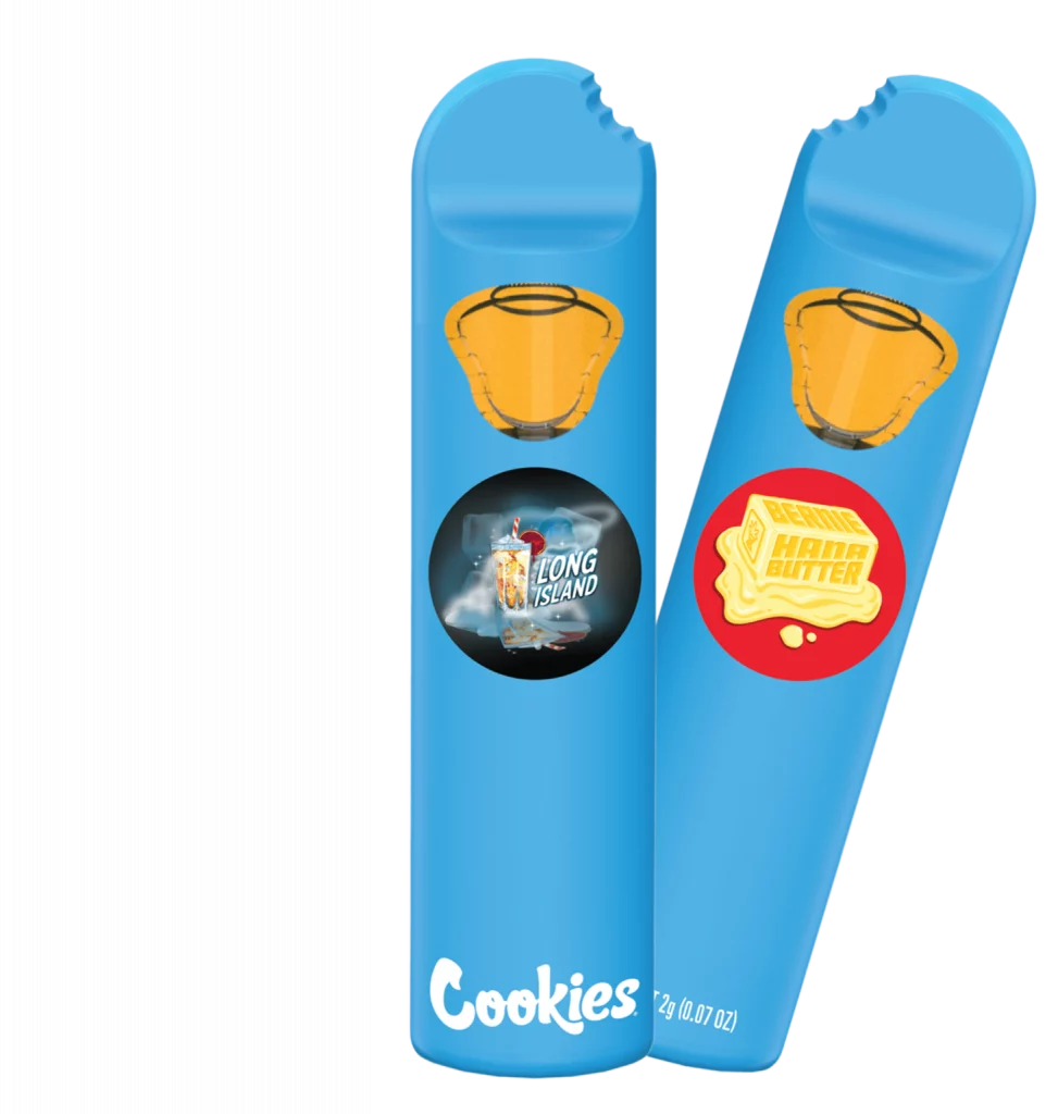 Two blue and yellow hash rosin vapes sticking with one another.
