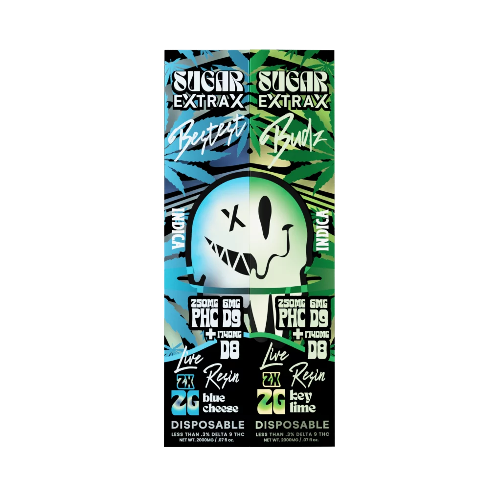 Live sugar vape packed in a blue and green package.