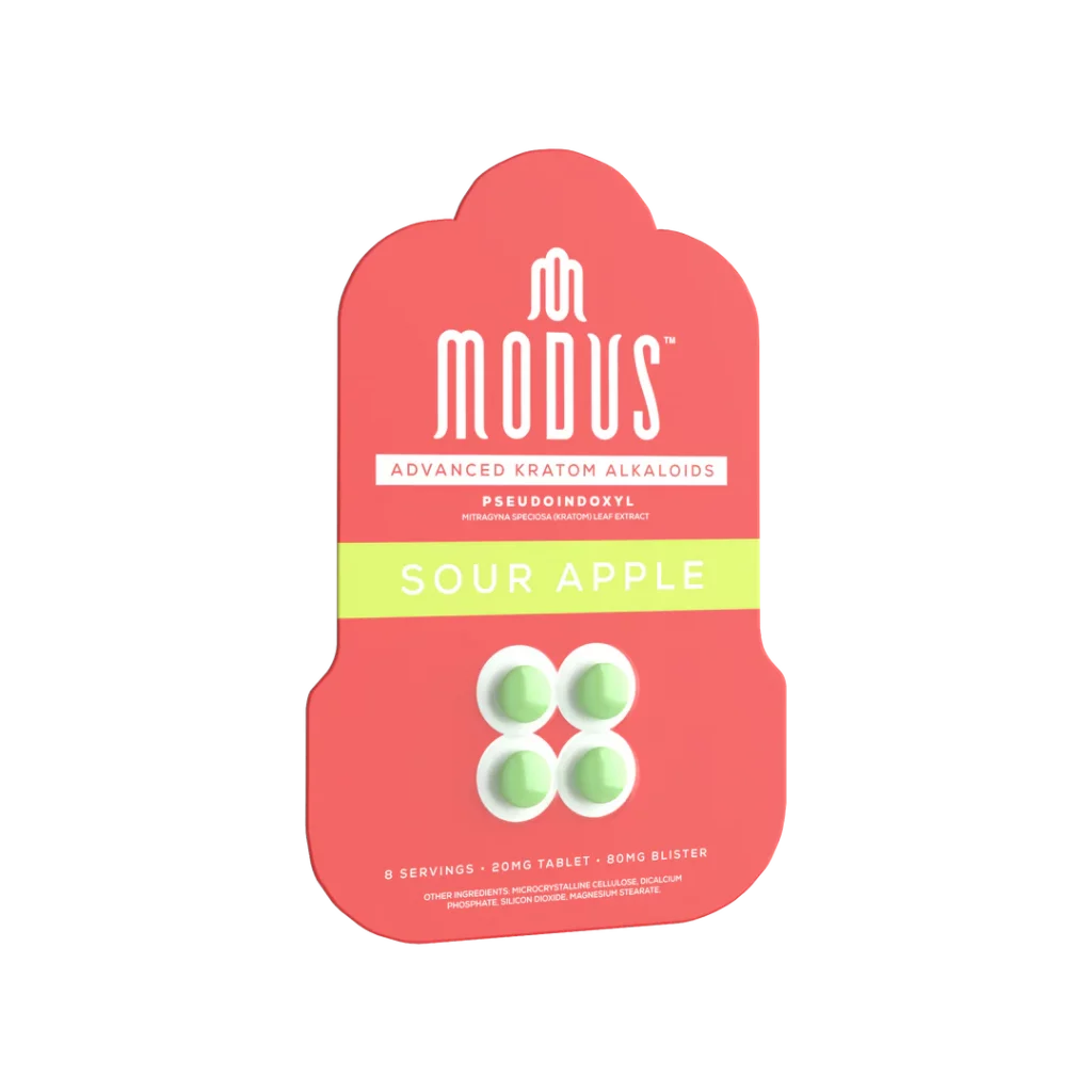 Modus Life Pseudoindoxyl tabs shown in white background on top of white flooring.