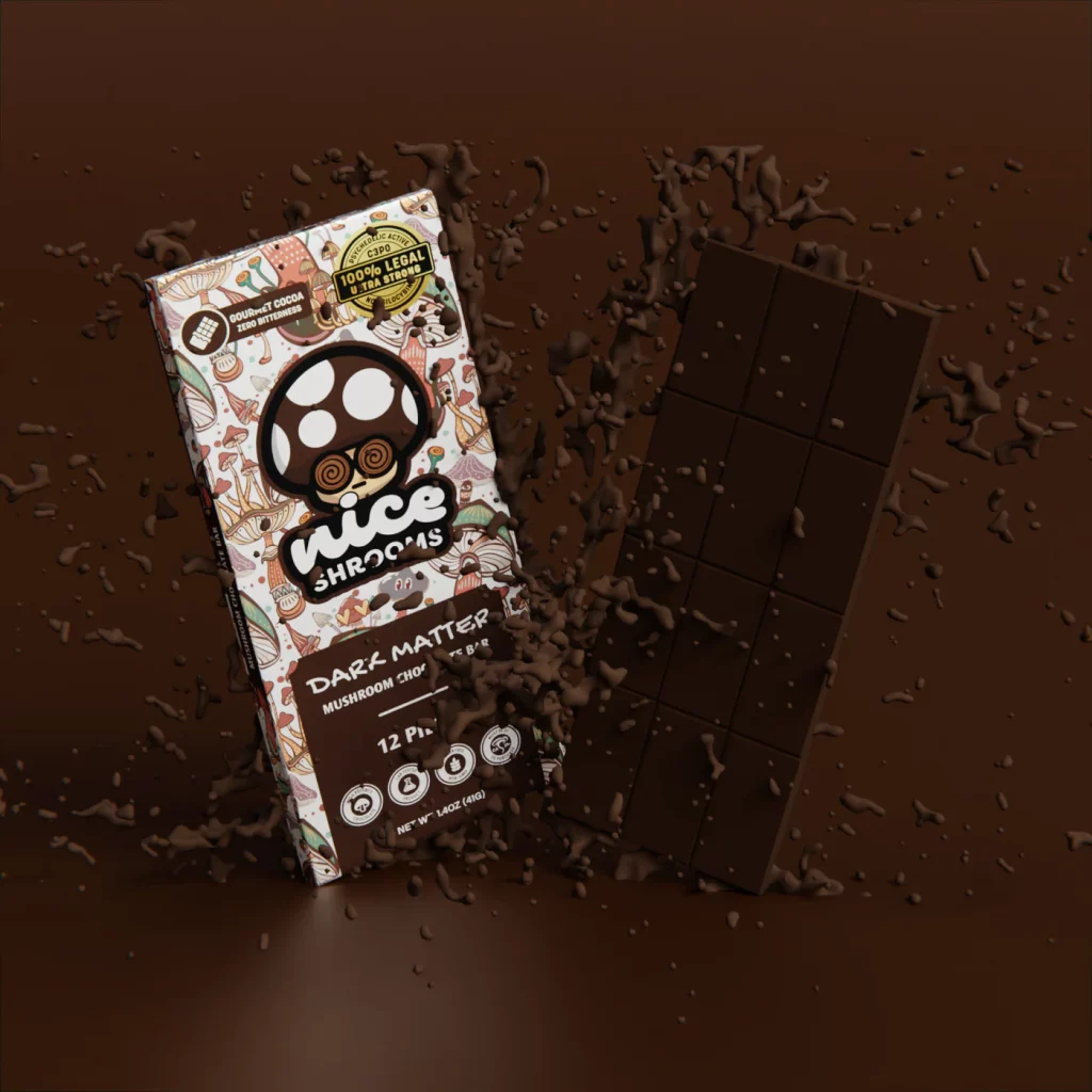 One of Nice Leaf's top quality mushroom chocolates displayed in front of a dark brown background.