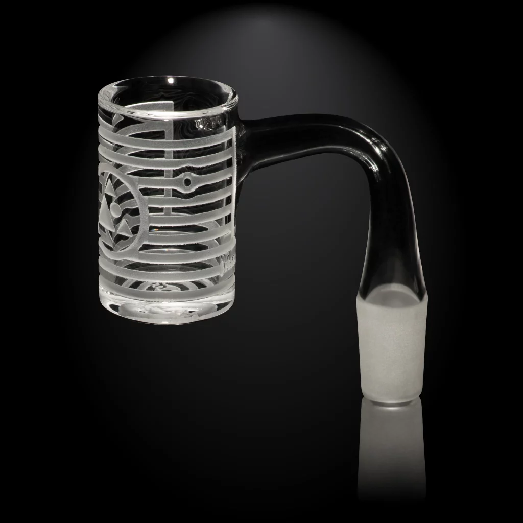 One of Milkyway Glass's quartz bangers displayed in front of a dark background.