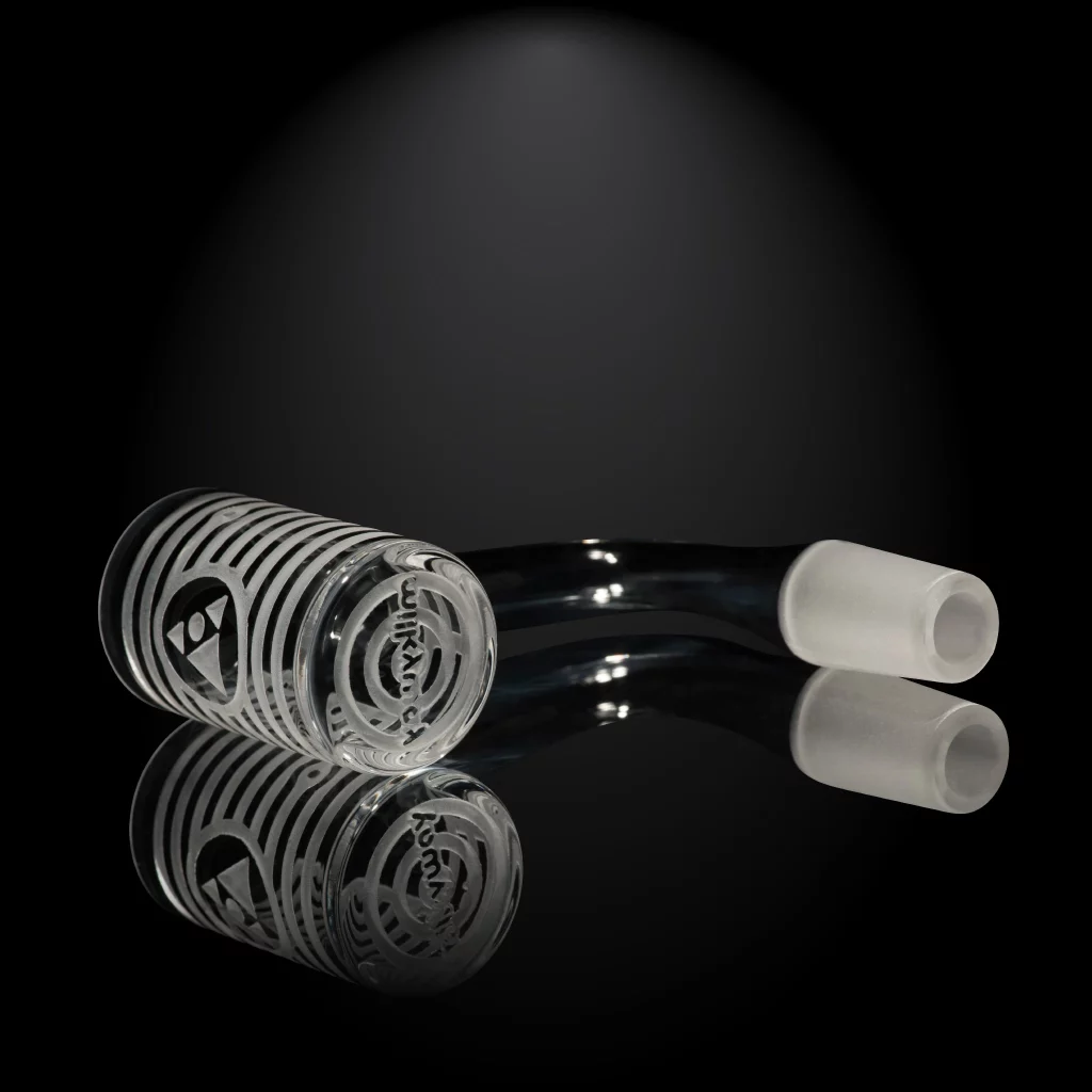 One of Milkyway Glass's quartz bangers displayed in front of a dark background.