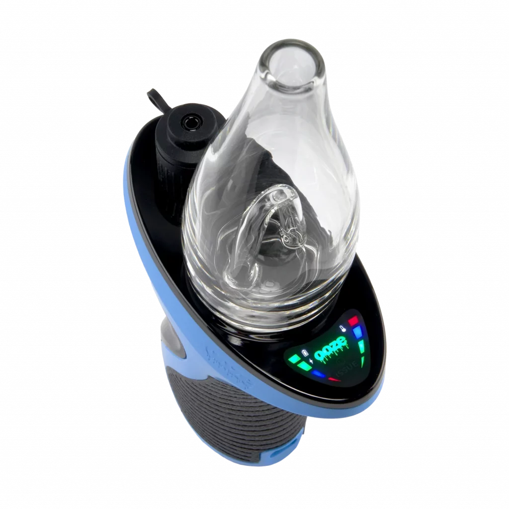The trigger vaporizer with a sapphire finish in front of a white background.