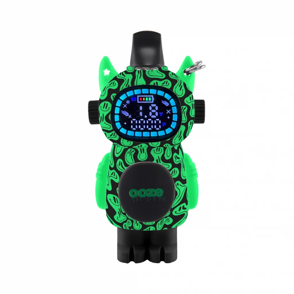 The bot character vape products from ooze displayed in front of a wall.