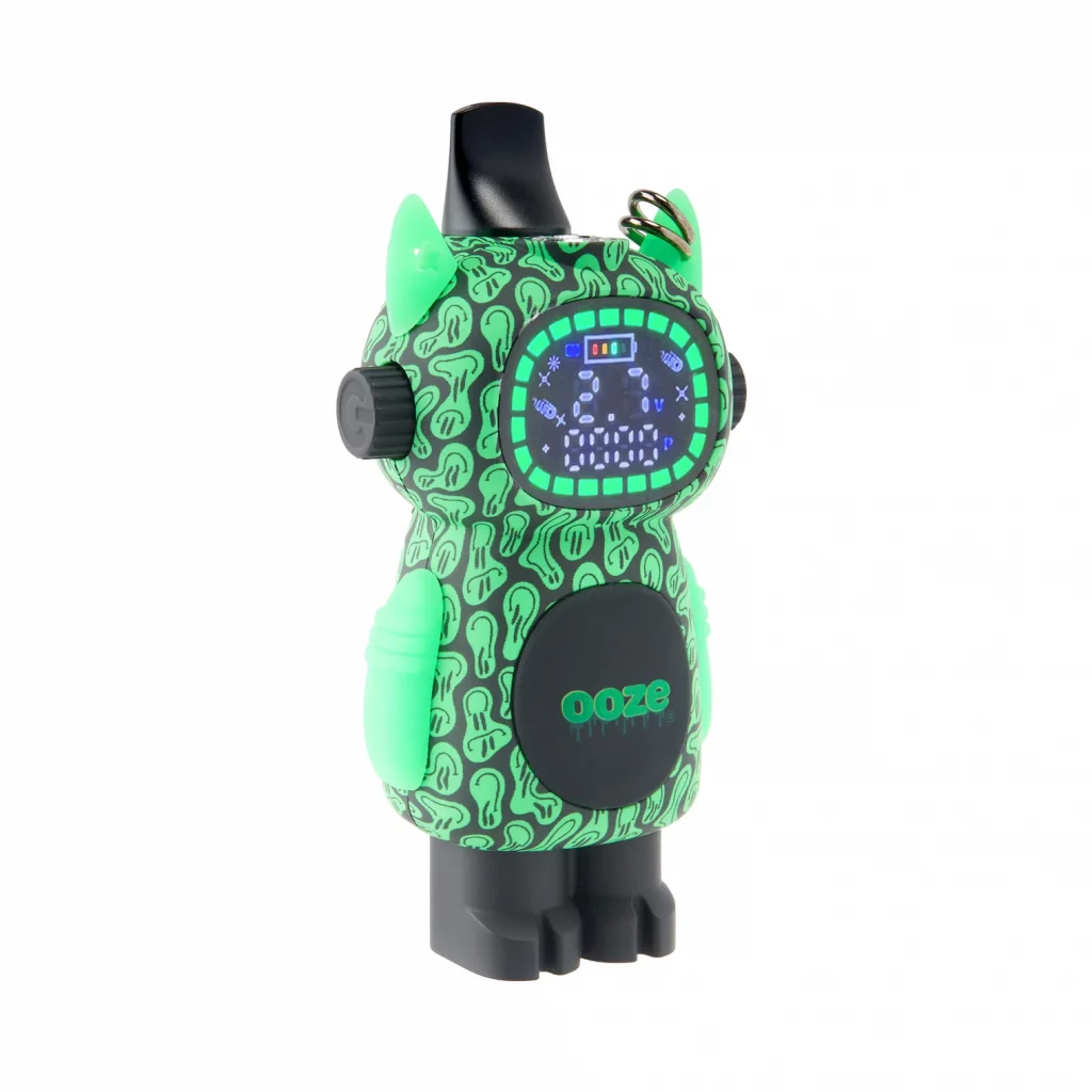 The bot character vape products from ooze displayed in front of a wall.