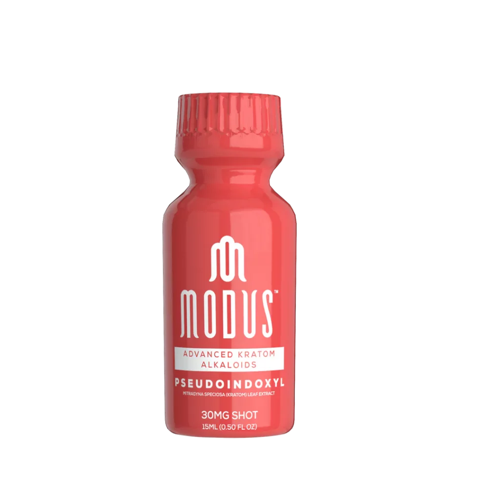 Modus Life Pseudoindoxyl kratom shots shown in white background on top of white flooring.