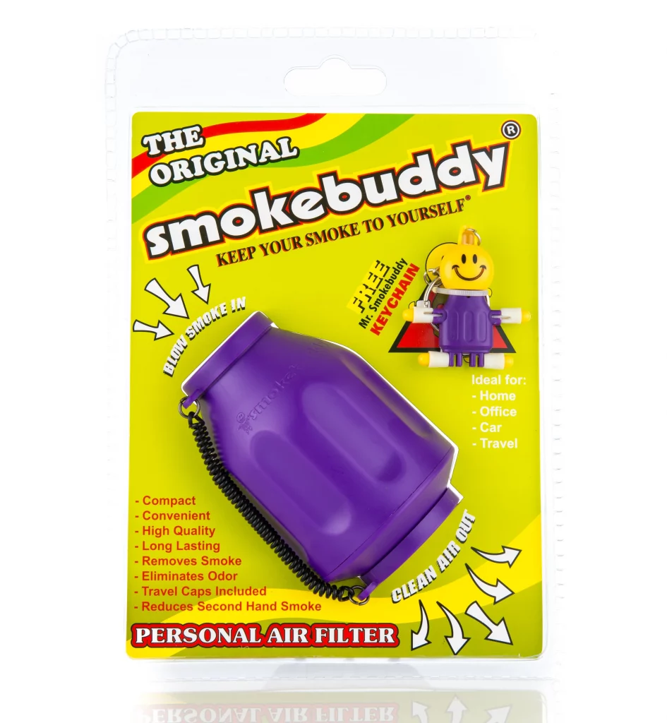 One of the violet smoking air filters of Smnokebuddy shown in front of a white background.