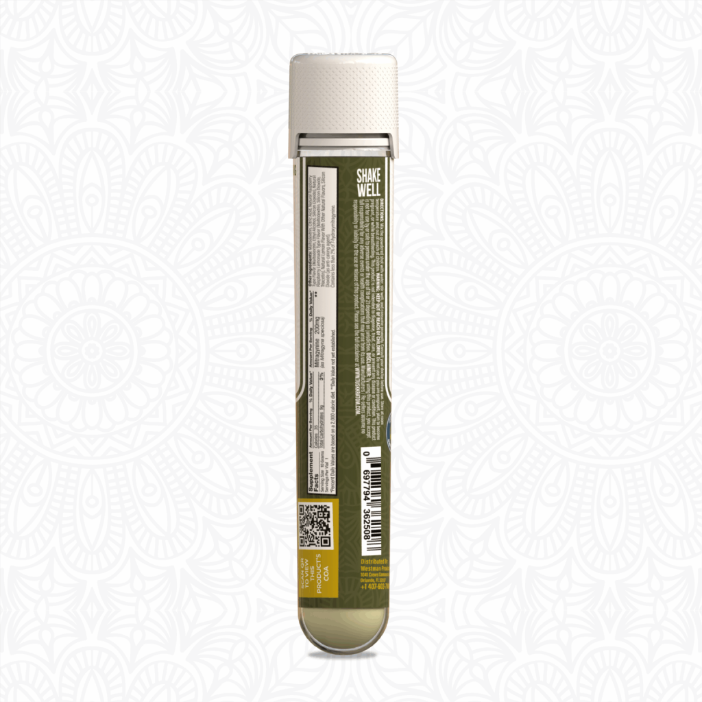Kratom extract powder displayed in front of a white background with description above.