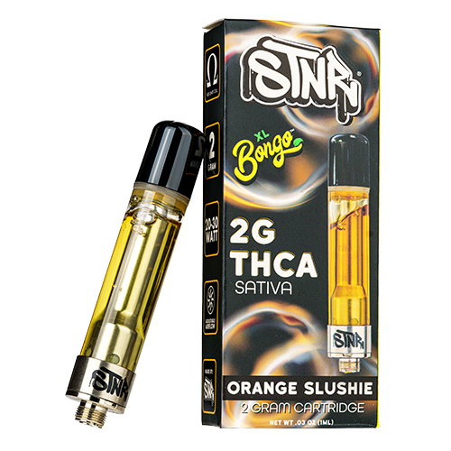 Sub ohm cart shown in front of white background on top of white surface.