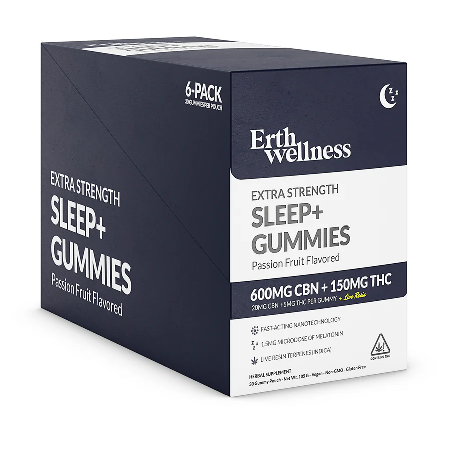 A pack of gummies for sleep shown in front of a white background.