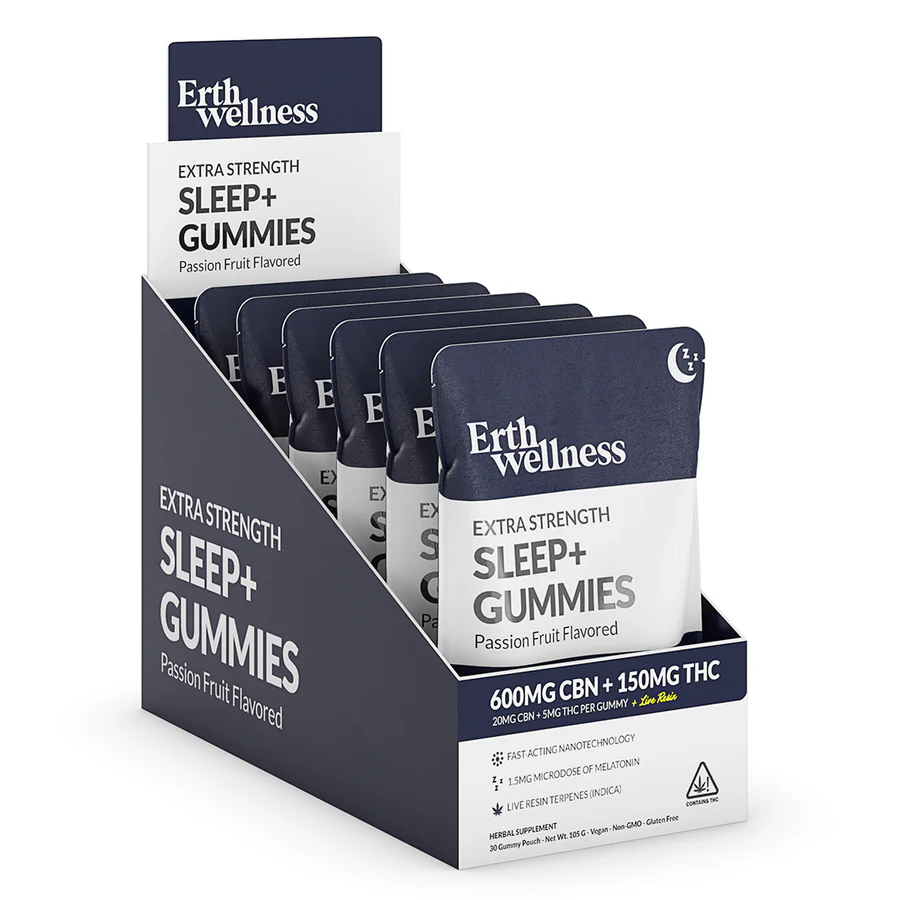 A pack of gummies for sleep shown in front of a white background.