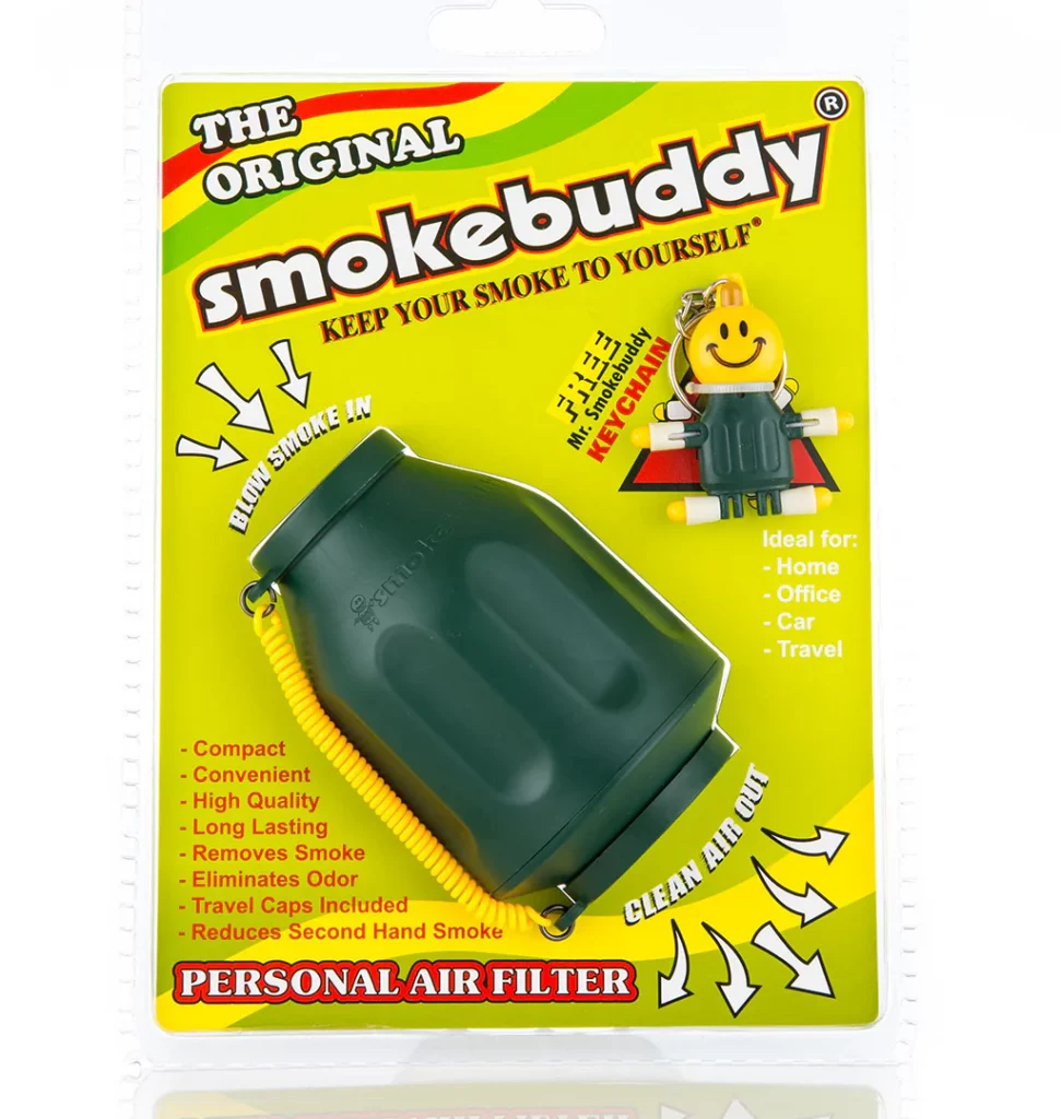 Sustainable smoking with green personal air filter shown in front of a white background.