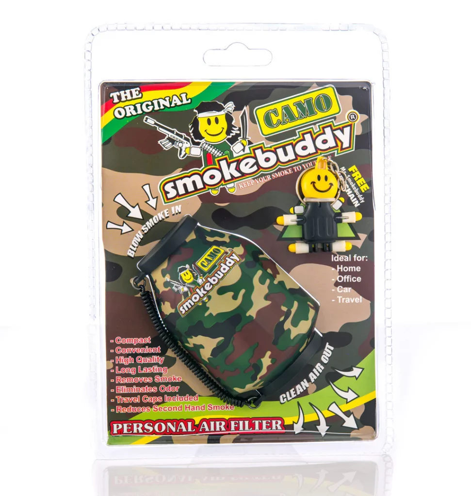 Air filters for smoke of Smokebuddy shown in front of a white background in camo design.