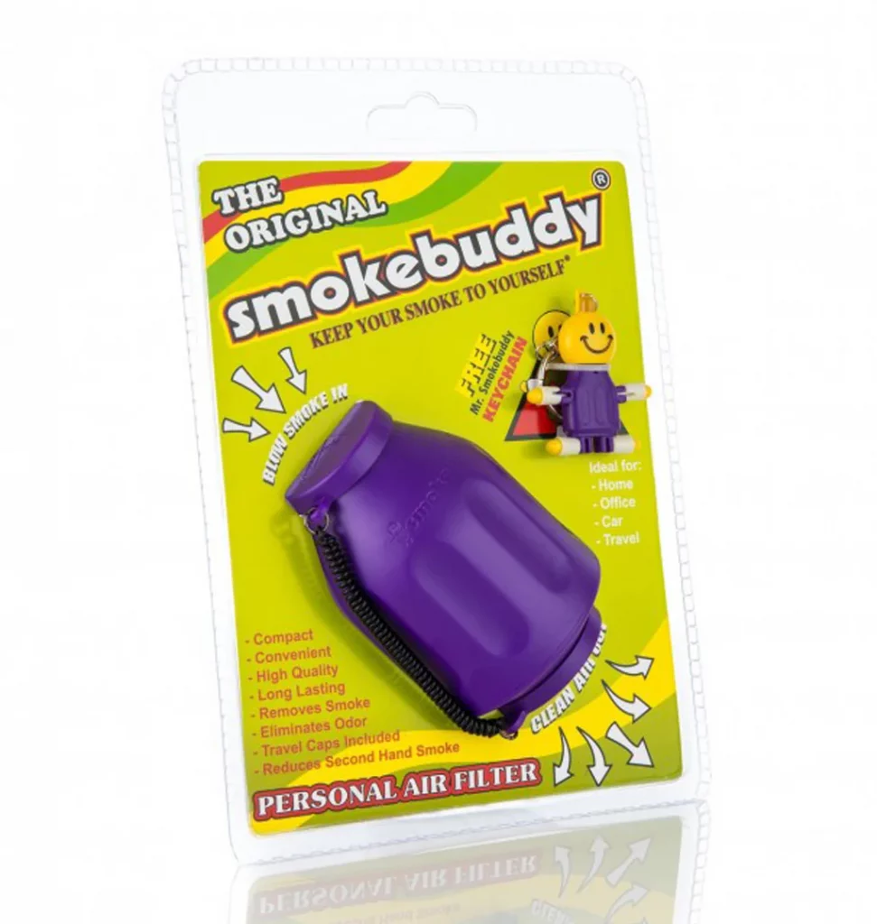 One of the violet smoking air filters of Smnokebuddy shown in front of a white background.