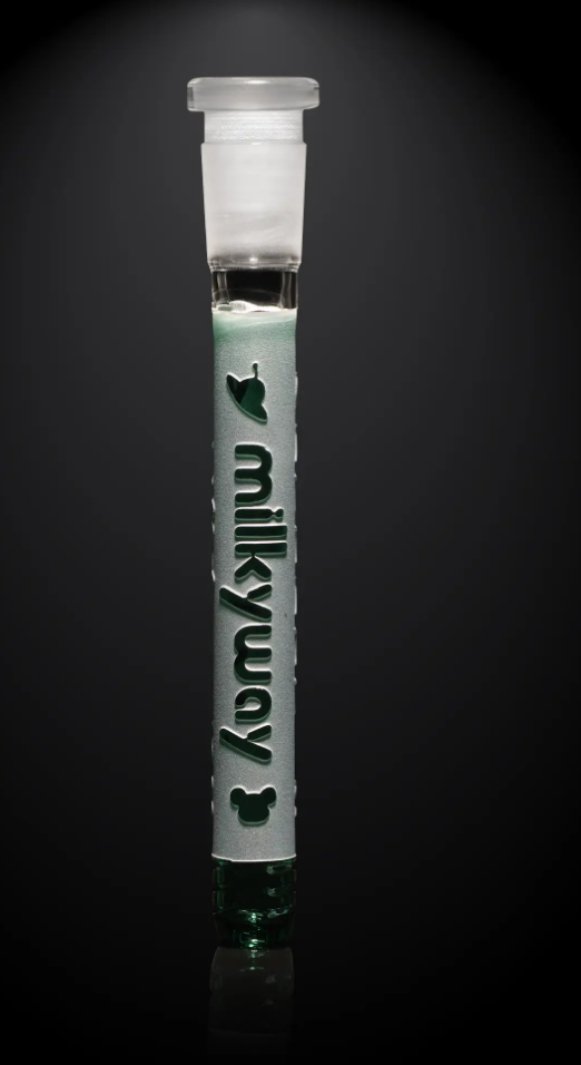 One of Milkyway Glass's best beaker bong downstems displayed in front of a dark background.