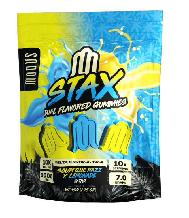 Modus STAX Dual Flavored Gummies displayed in front of a white background.
