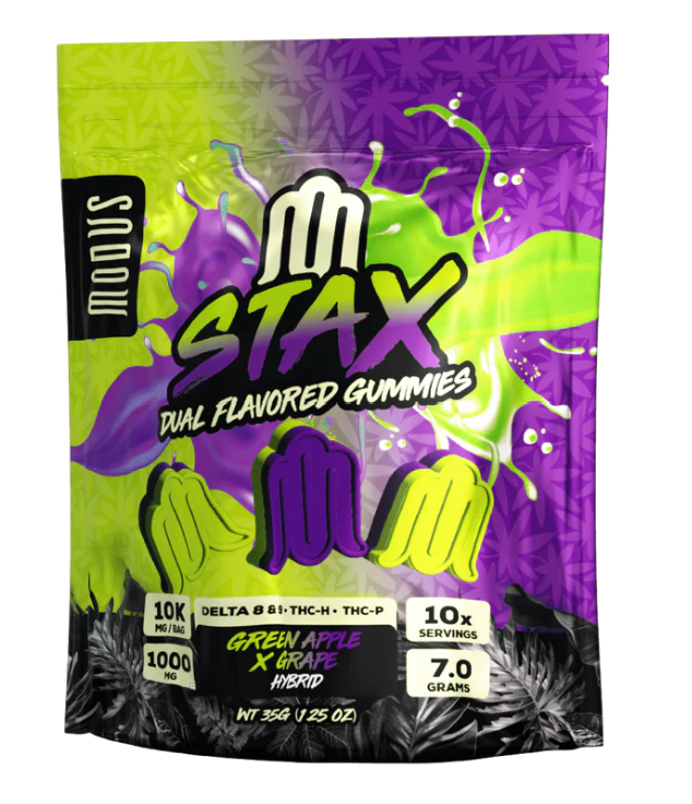 Modus STAX Dual Flavored Gummies displayed in front of a white background.