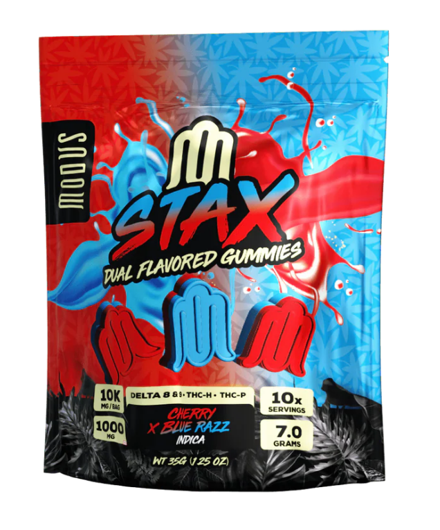Modus STAX Dual Flavored Gummies displayed in front of a white background.