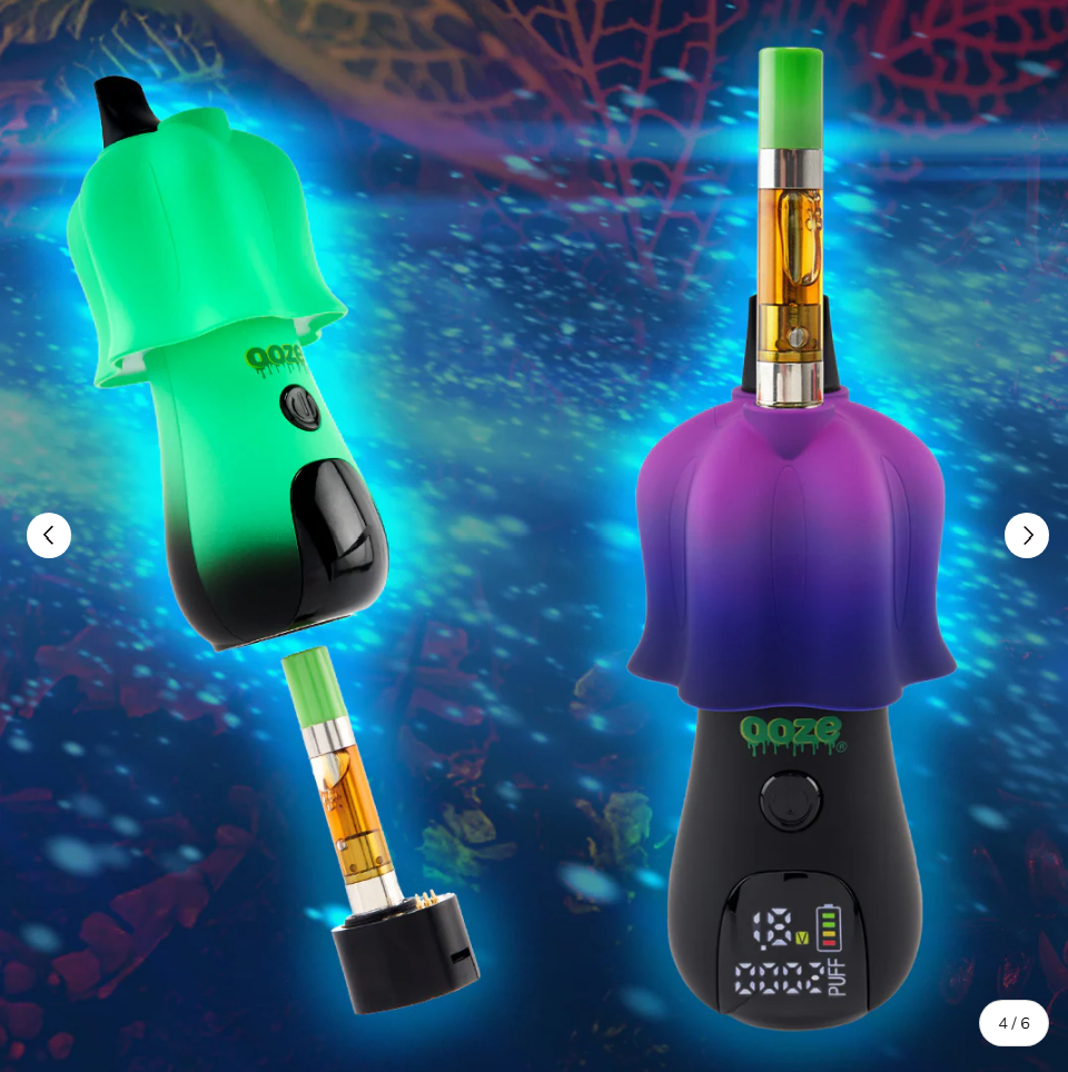 Ooze Shroom Character Vape – 650 mAh - Trip Mode displayed in front of a colorful background.