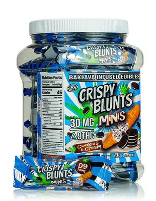 Crispy blunts shown in front of a colorful background presenting the product.
