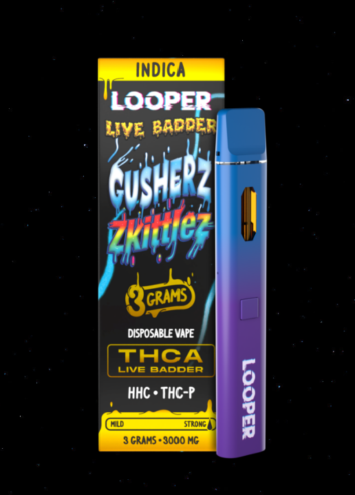 Looper Live Badder 3G Disposable Vape displayed in front of a colorful background.