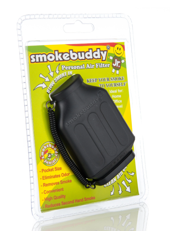 Smoke air filter tips showing a black smokebuddy in front of a white background.