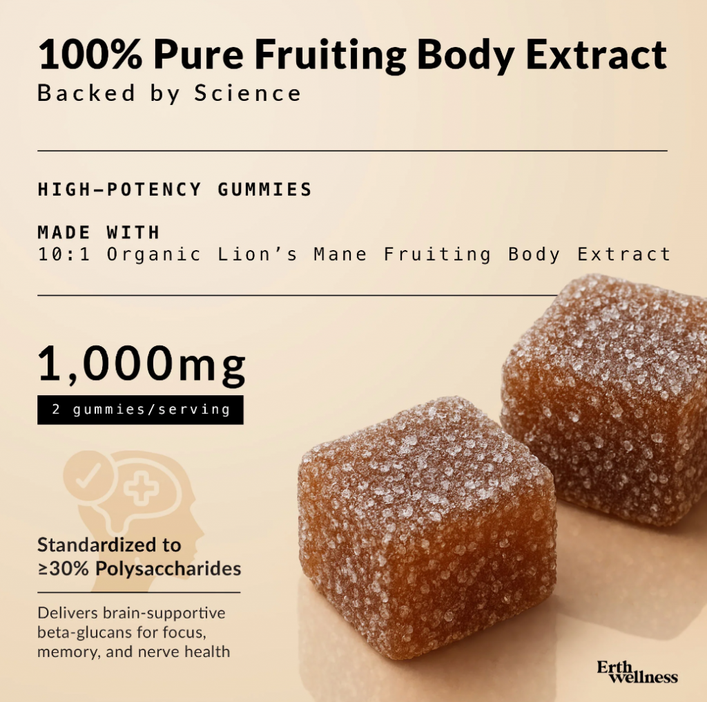 Lion's Mane Gummies shown in front of a clear background.