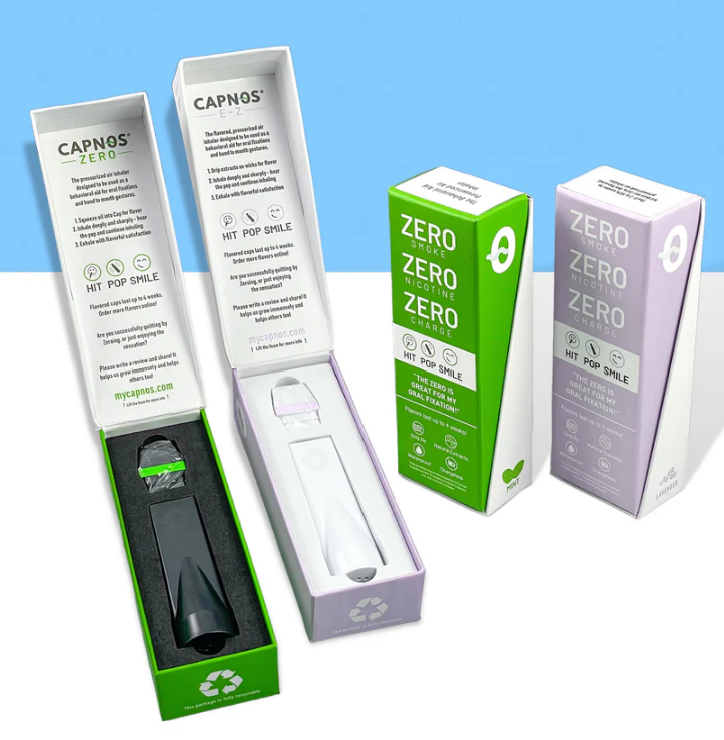 Vaping replacement displayed in front of a colorful background.