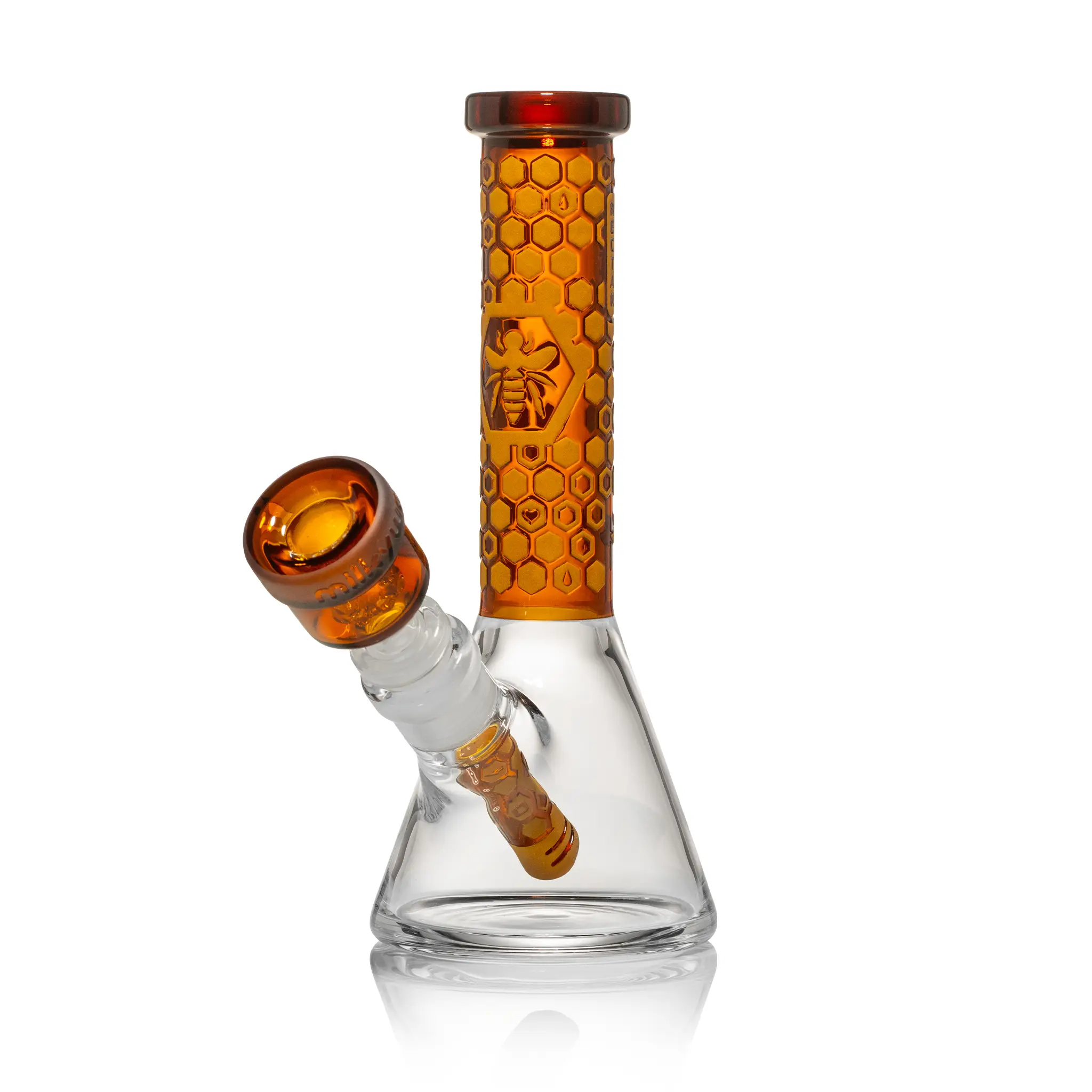 One of the best glass beaker bongs offered by Milkyway Glass in orange touch displayed in front of white background.