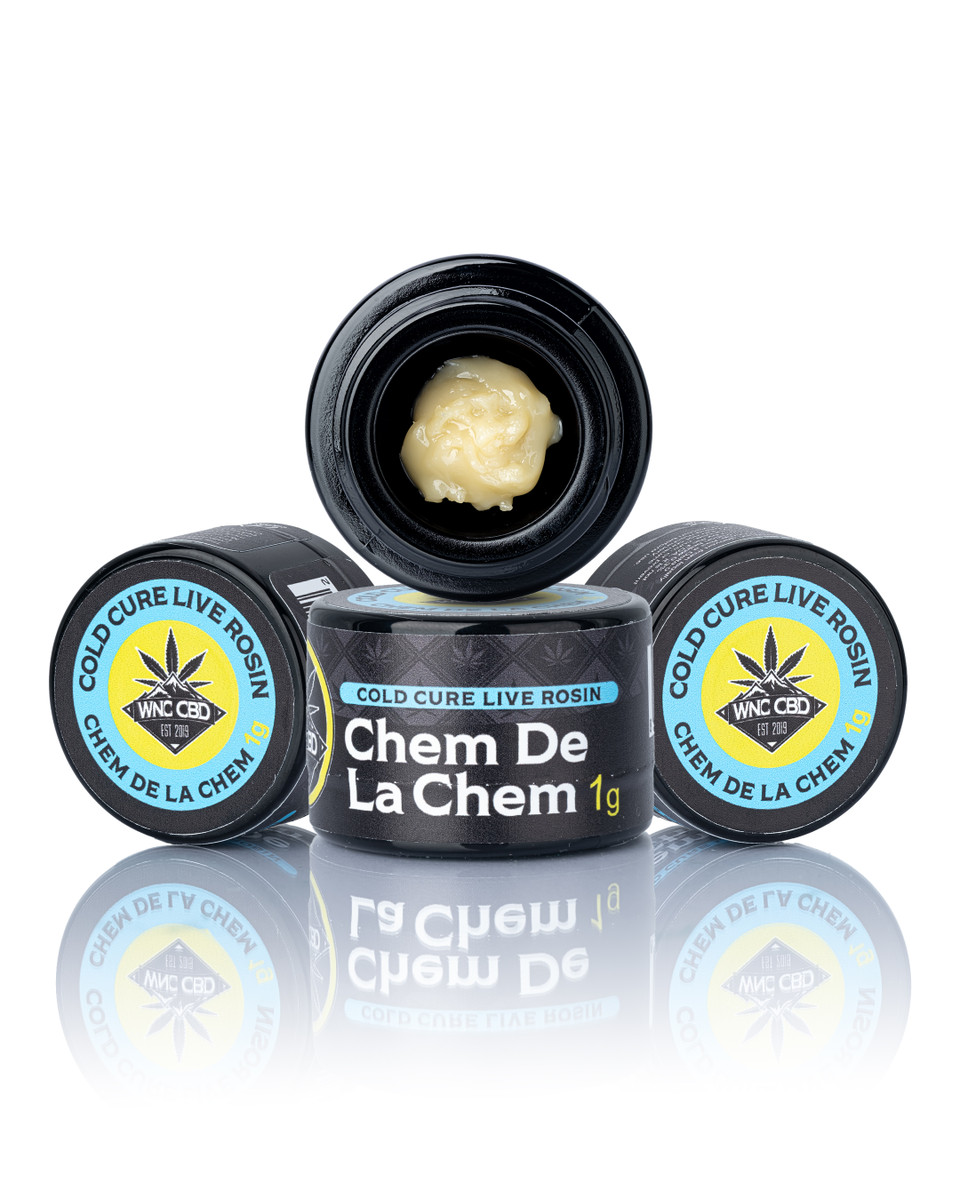 WNC CBD Chem De La Chem Cold Cure Live Rosin displayed in front of a bright background.