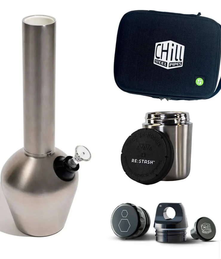 A durable bong for smokers displayed in front of a white background with its shadow shown behind.