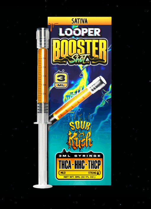 Sativa Booster Shots displayed in front of a background of stars and the space.