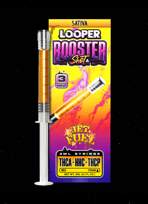 Sativa Booster Shots displayed in front of a background of stars and the space.