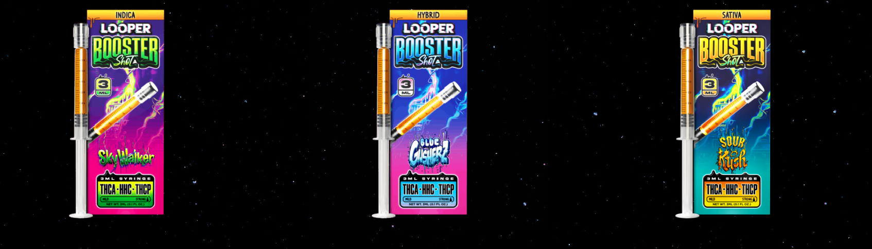Sativa Booster Shots displayed in front of a background of stars and the space.