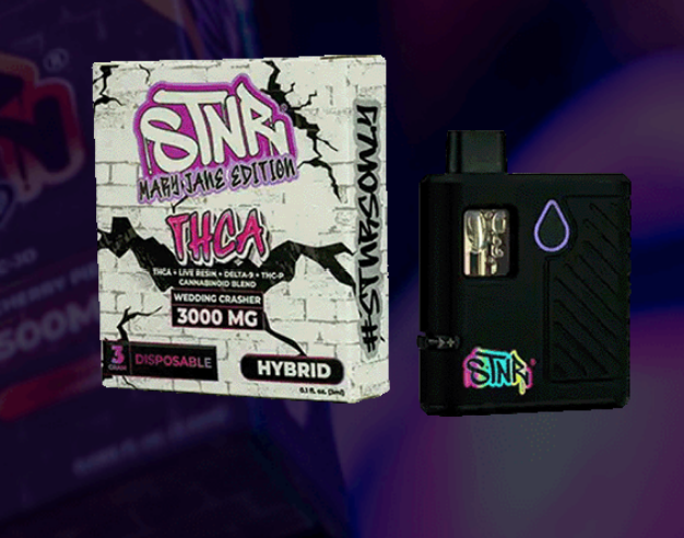 Hybrid Disposable Vapes shown in front of a colorful background.