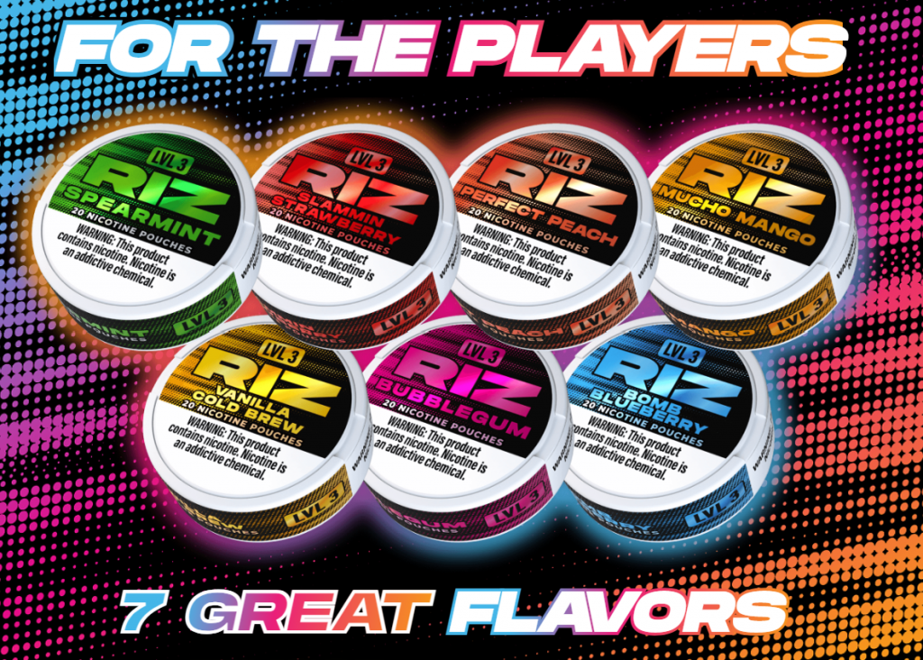 Riz Nic Nicotine pouches presented in front of a colorful background shown in good color.