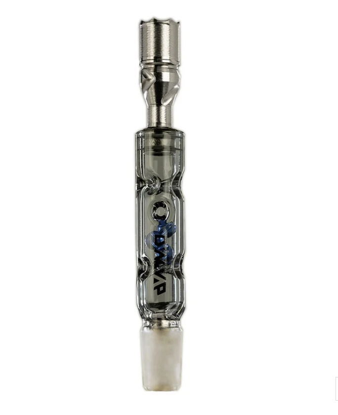 Glass dry herb vaporizer displayed in front of a white background.