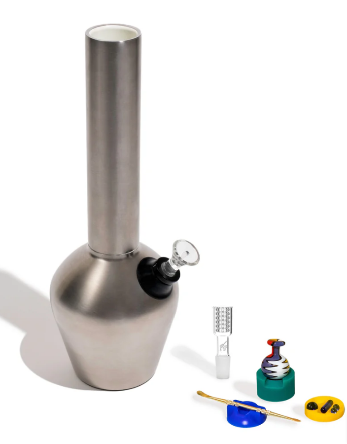 A durable bong for smokers displayed in front of a white background with its shadow shown behind.