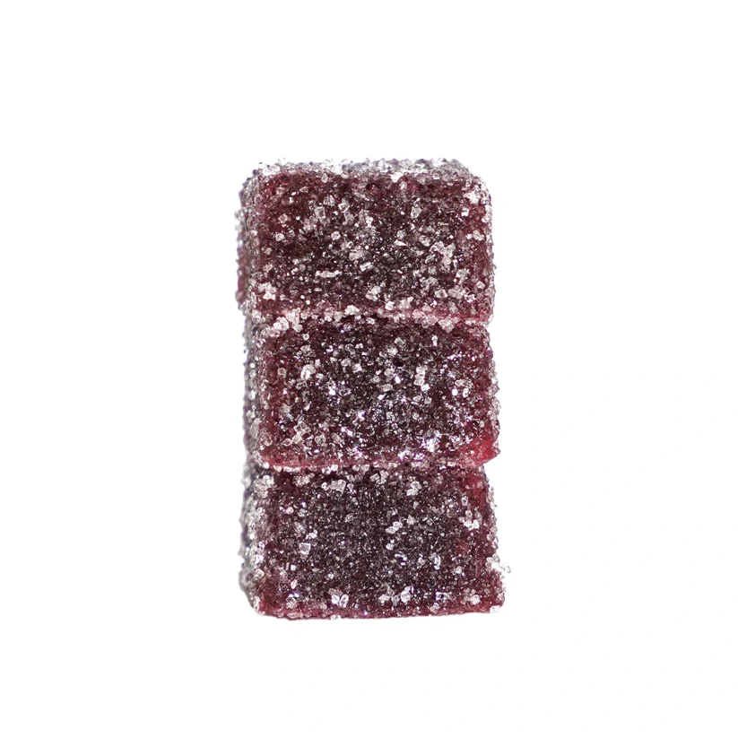 Three stacks of 10DC Double Blackberry Lemonade Live Resin Gummies displayed in front of a white background.